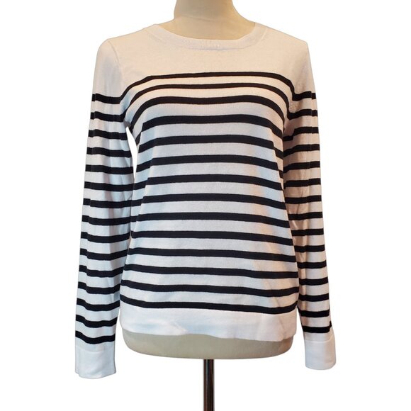 J CREW SZ S Women's 100% Cotton Black & White Striped Teddie Sweater Nautical - Picture 2 of 10